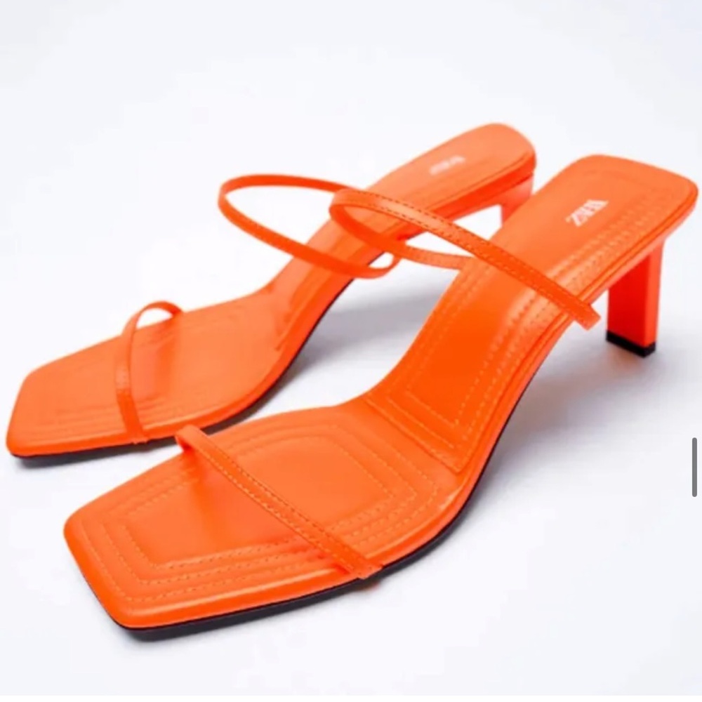 Zara Orange Red Strappy Heels Square Toe Slip On Tropical Vacation Sz 9 EU 40
